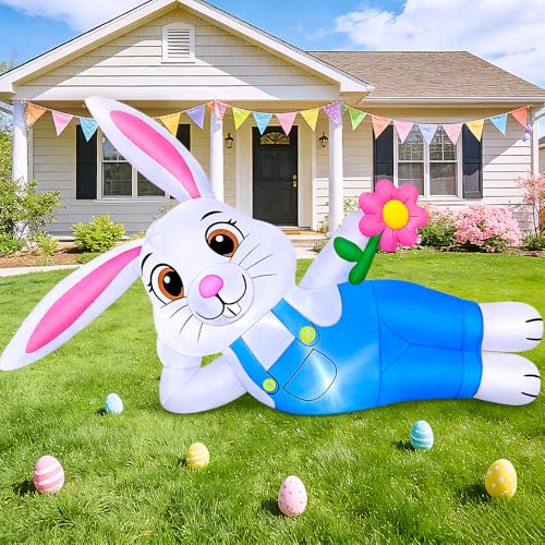 KOOY Lapin de Pâques gonflable de 1,8 m - Lapin de Pâques gonflable avec fleurs LED intégrées pour extérieur, pelouse, cour, vacances, fête, décoration...