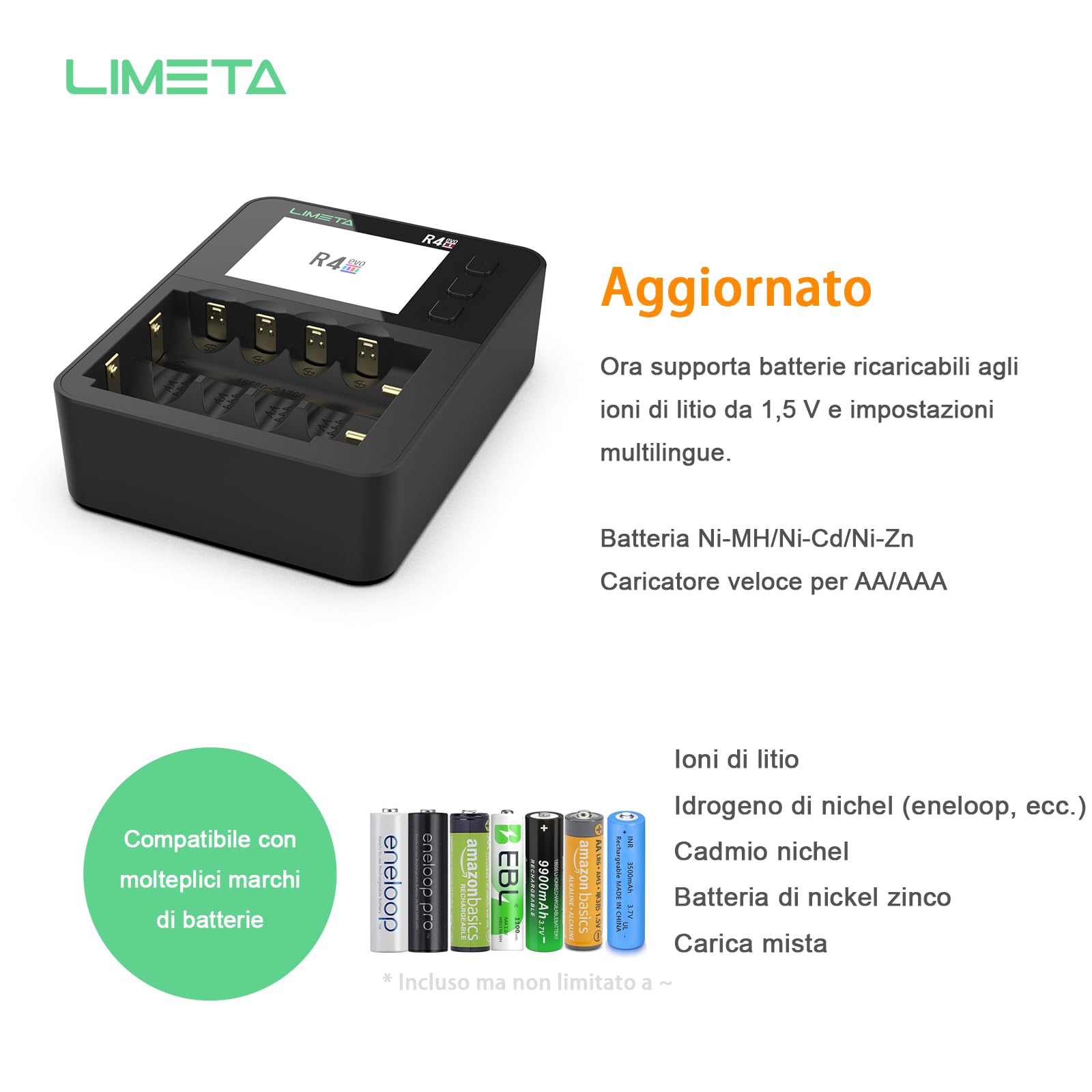 LIMETA R4EVO Carica Batterie Ricaricabili AA e AAA 18650 Ni-mh Li-ion Caricabatterie Rapido per pile Ricaricabili, Caricabatterie Intelligente con Display Funzioni di Scarica Analisi e Rigenerazione