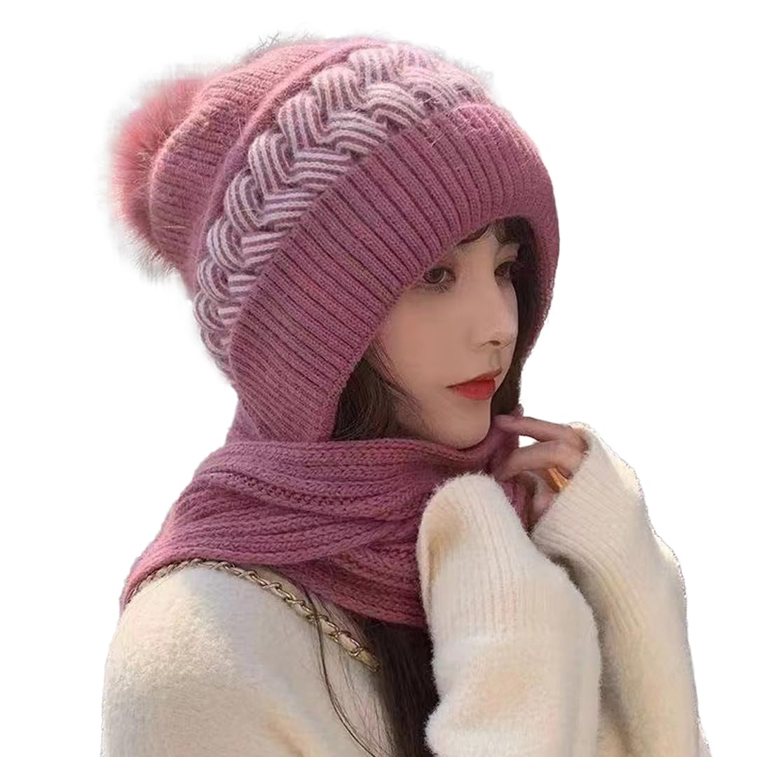 syga Women Winter Knitted Warm Hat with Scarf,Ear Protection Pompom Woolen Hat for Adult-picture-22