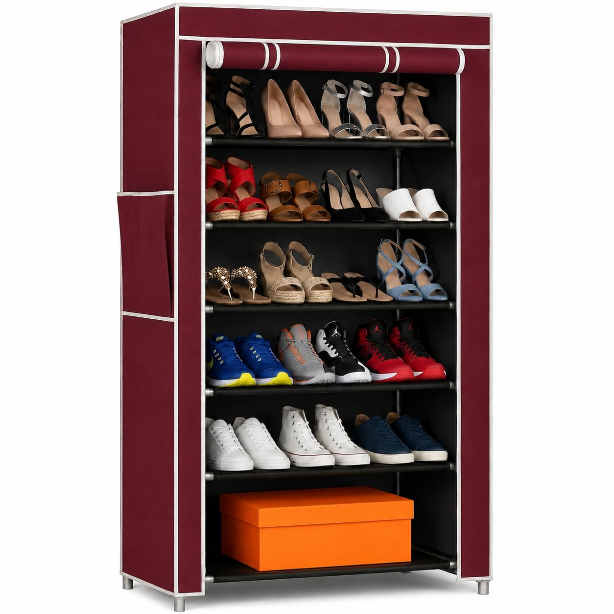 EASY BUY Economy 6 Shelf Shoe Rack with Cover, Plastic Rack 6 Shelves with Zip Door Cover & Side Pocket, Dustproof Storage Organizer for Footwear, Clothes, Shoe Rack Plastic, Slipper Stand, Maroon-image-26