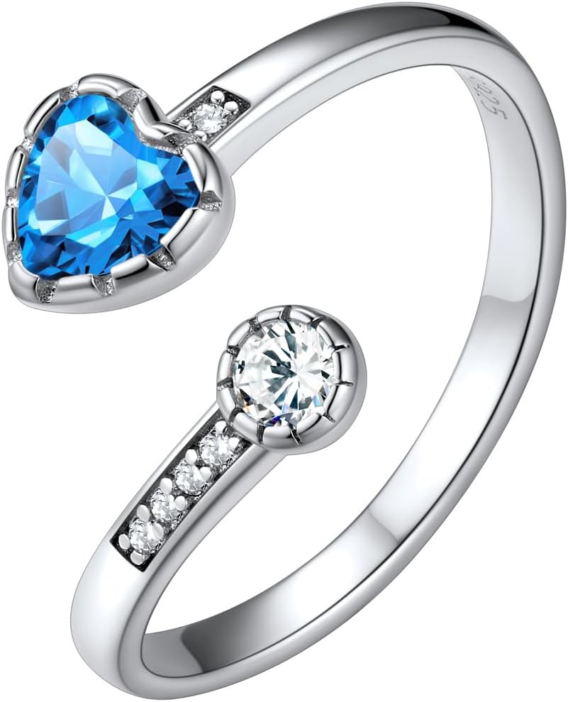 Silvora 925 Sterling Silver Adjustable Birthstone Ring with Heart Shaped Gemstone and Round CZ, Perfect for Women, with Gift Box