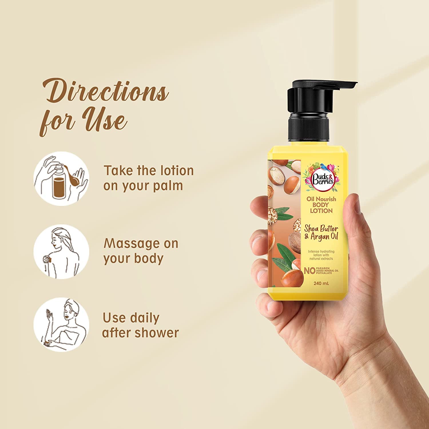 Buds & Berries Fruit Nourish Shea Butter and Argan Oil Body Lotion, Rich Moisturisation, Normal to Dry Skin, No Paraben, 240 ml