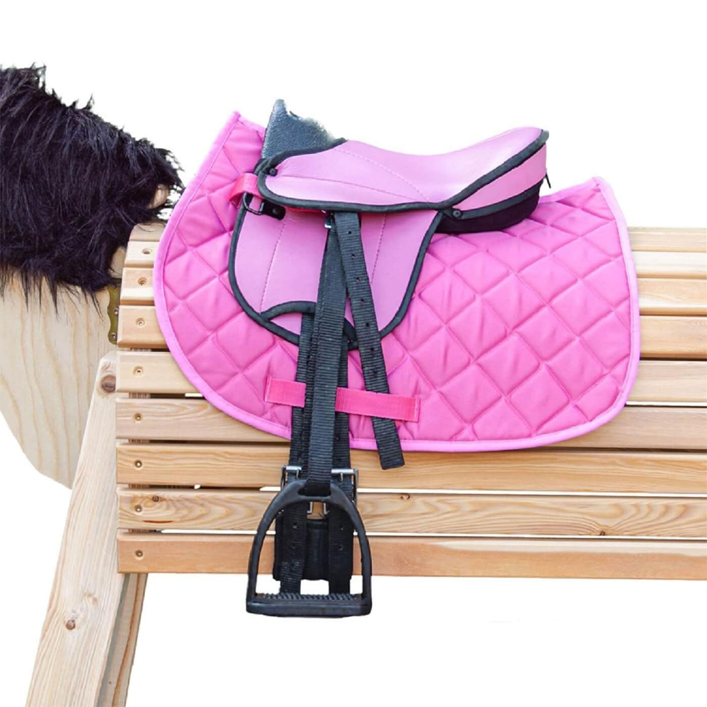 Brama West Set sella per cavallo in legno "My Happy Pony" | Sella per shetty, cavallo in legno e cavallo in peluche | con tappetino da sella, cinghia, pinze e pinze (rosa)