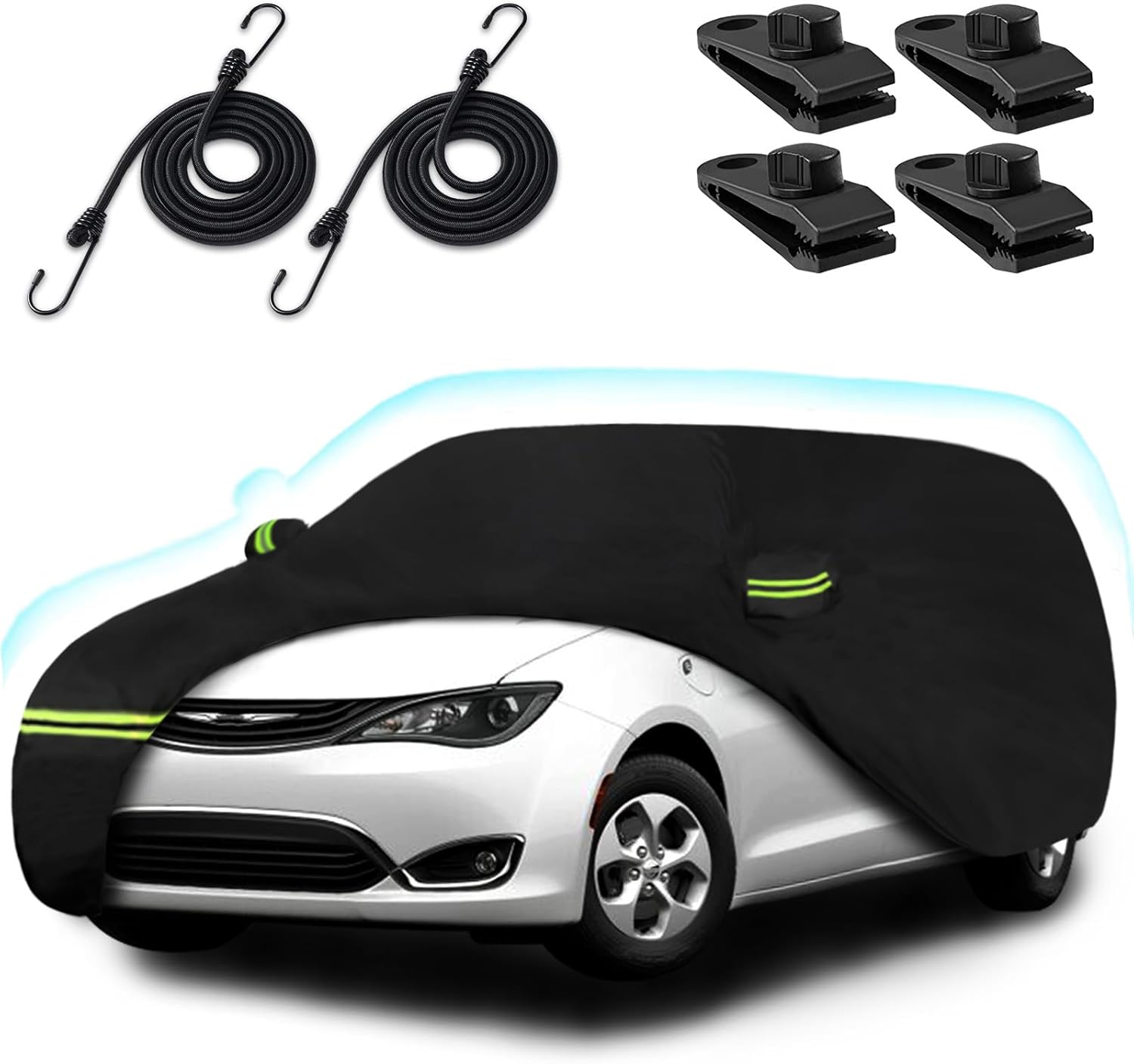 Waterproof Car Cover for 2016-2023 Chrysler Pacifica/Voyager, 210T Sun Rain Dust Snow All Weather Protection Outdoor Car Cover with Windproof Gust Straps and Zipper Door-Black