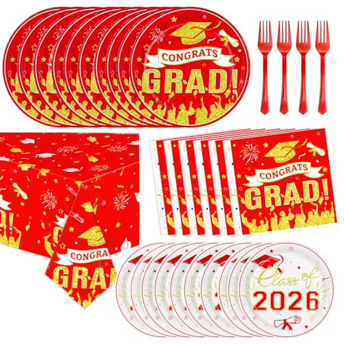 Graduation Plates and Napkins Party Supplies 2026 Graduation Decorations for 24,Red Disposable Grad Plates Class of 2026 Dessert Plates Napkins,Tablecloth,Forks,for Congrats Grad Party Decorations