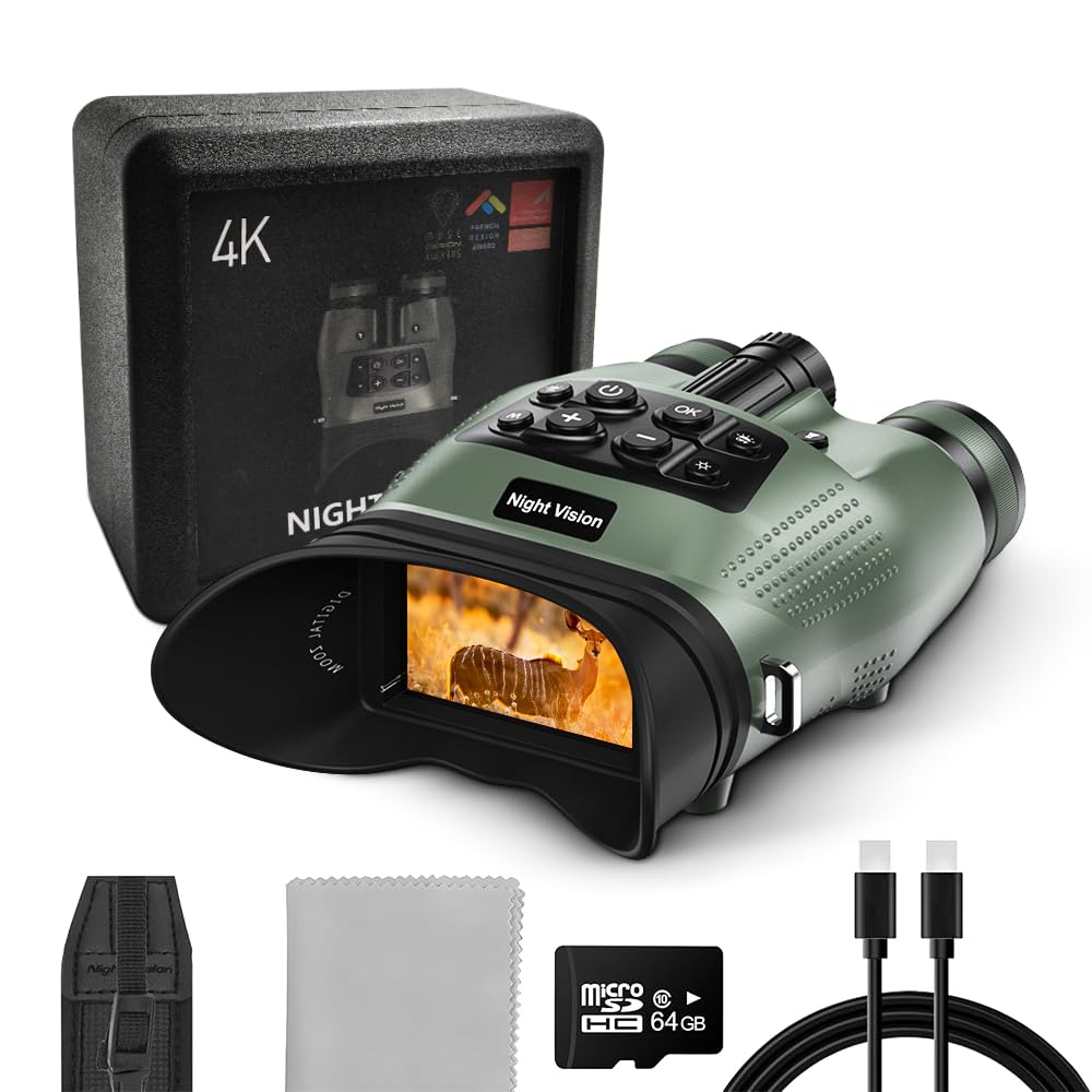 Jumelles de vision nocturne, lunettes de vision nocturne 4K pour adultes avec photo de 48 MP, portée de 5000 m, zoom 8x, batterie 5000 mAh, carte de 64 Go, pour camping, chasse et sécurité