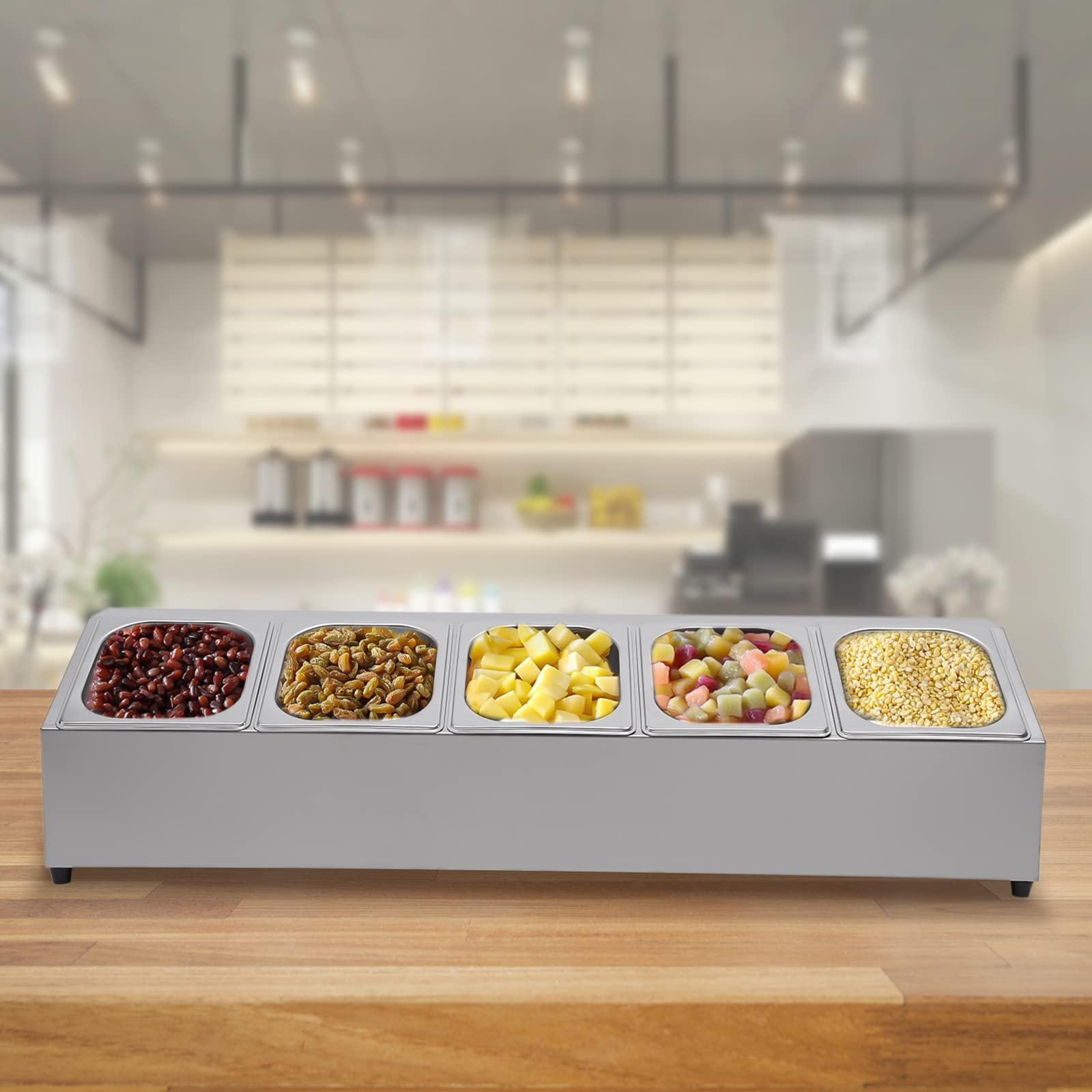 GN - Bandeja de acero inoxidable para 5 recipientes Gastronorm (una fila), recipiente para ingredientes, estante biselado, tiendas de leche, fruterías