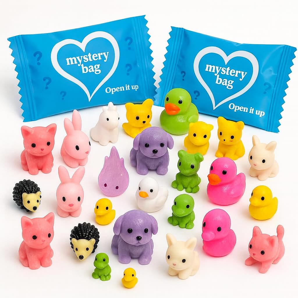 Mystery Pack Mini Resin Animals, 50 Pack Assorted Figurines for Kids, Learning Play Party Bag Fillers, Jungle Ocean Farm and Dinosaur Miniatures for Crafts, Sensory Bins Cake Toppers 6.5 x 4 cm