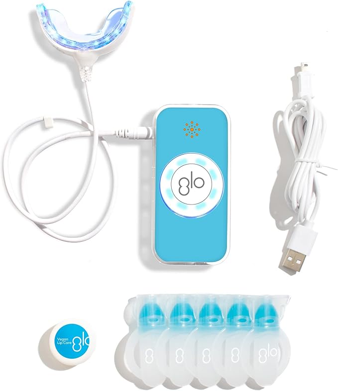 GLO Science – Teeth Whitening Kit with Patented Heat & LED Technology, Safe for Sensitive Teeth, Whitens & Repairs, Gentle & Enamel Safe, Advanced Blue Device