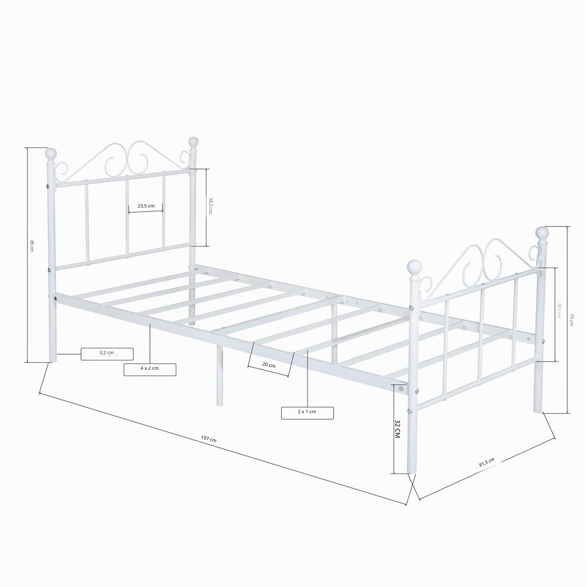 Cama Individual Somier 90x190, Estructura Metálica para Colchón de 90x190 cm de Dormitorio con Cabecero, Fácil Montaje/Apta para Invitados/Infantil/Jóvenes/Personas/Mayores/Blanco/Estilo A