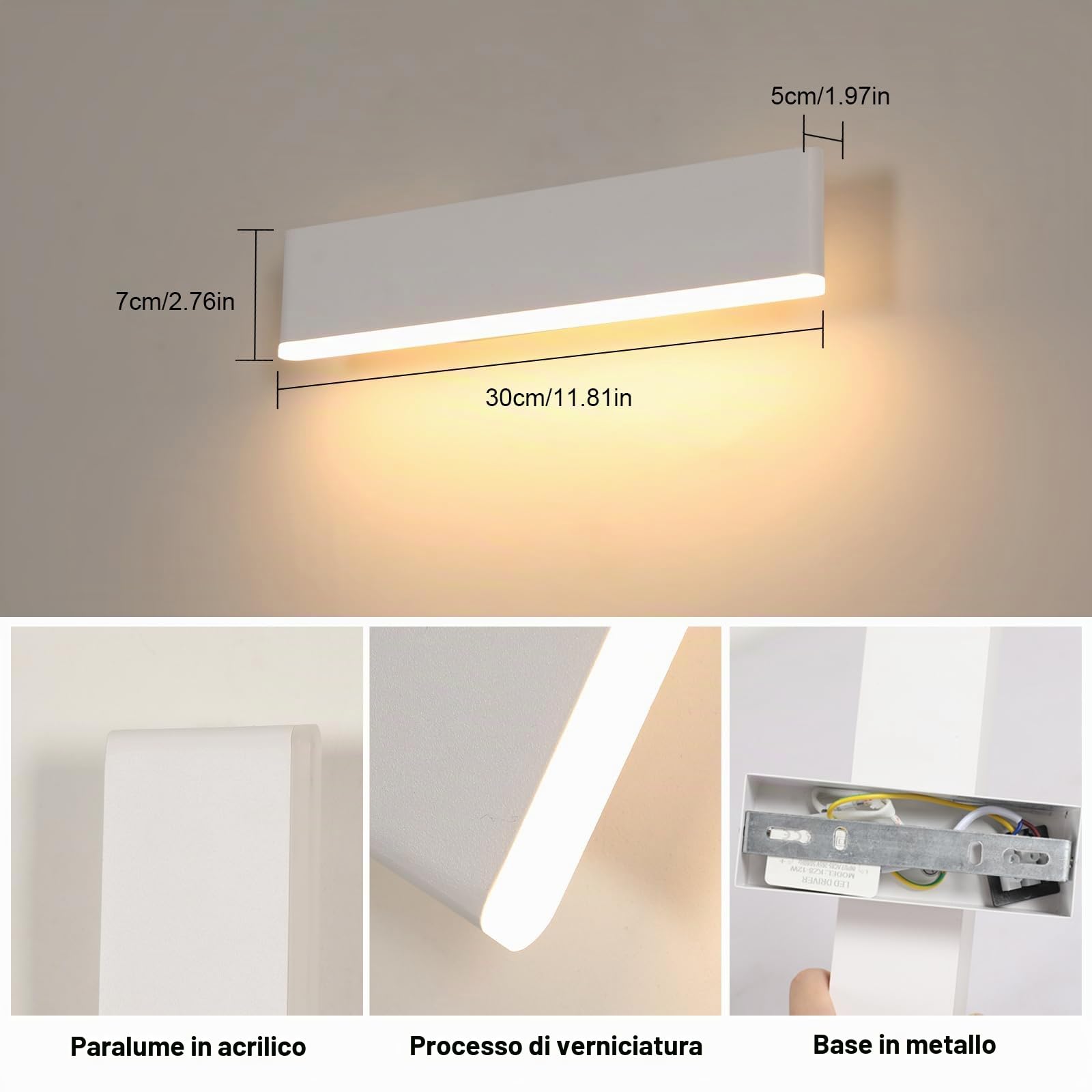 Applique Parete LED Interno, Ruotabile A 360° Moderna Bianca | Lampada da Parete in Metallo e Acrilico Per Camera da Letto, Corridoio, Soggiorno