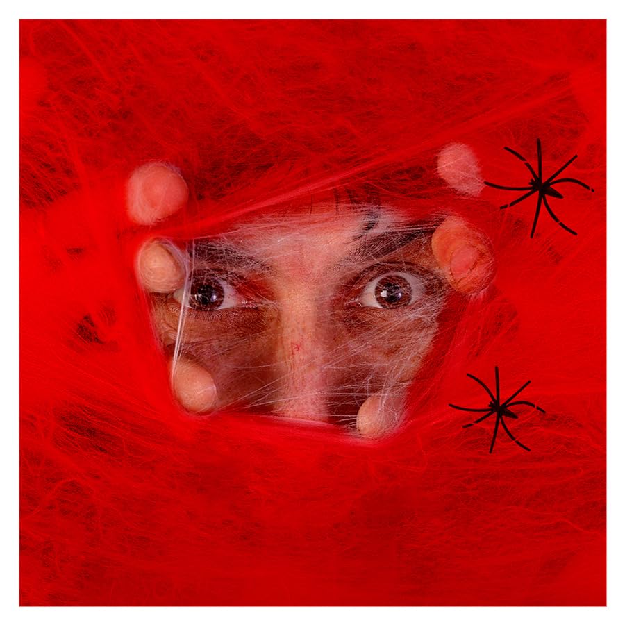 Komonee 100 x Spiderweb Halloween Stretchy Fake Spider Cob Web with Spiders Indoor Outdoor Garden Haunted House Party Decoration Red