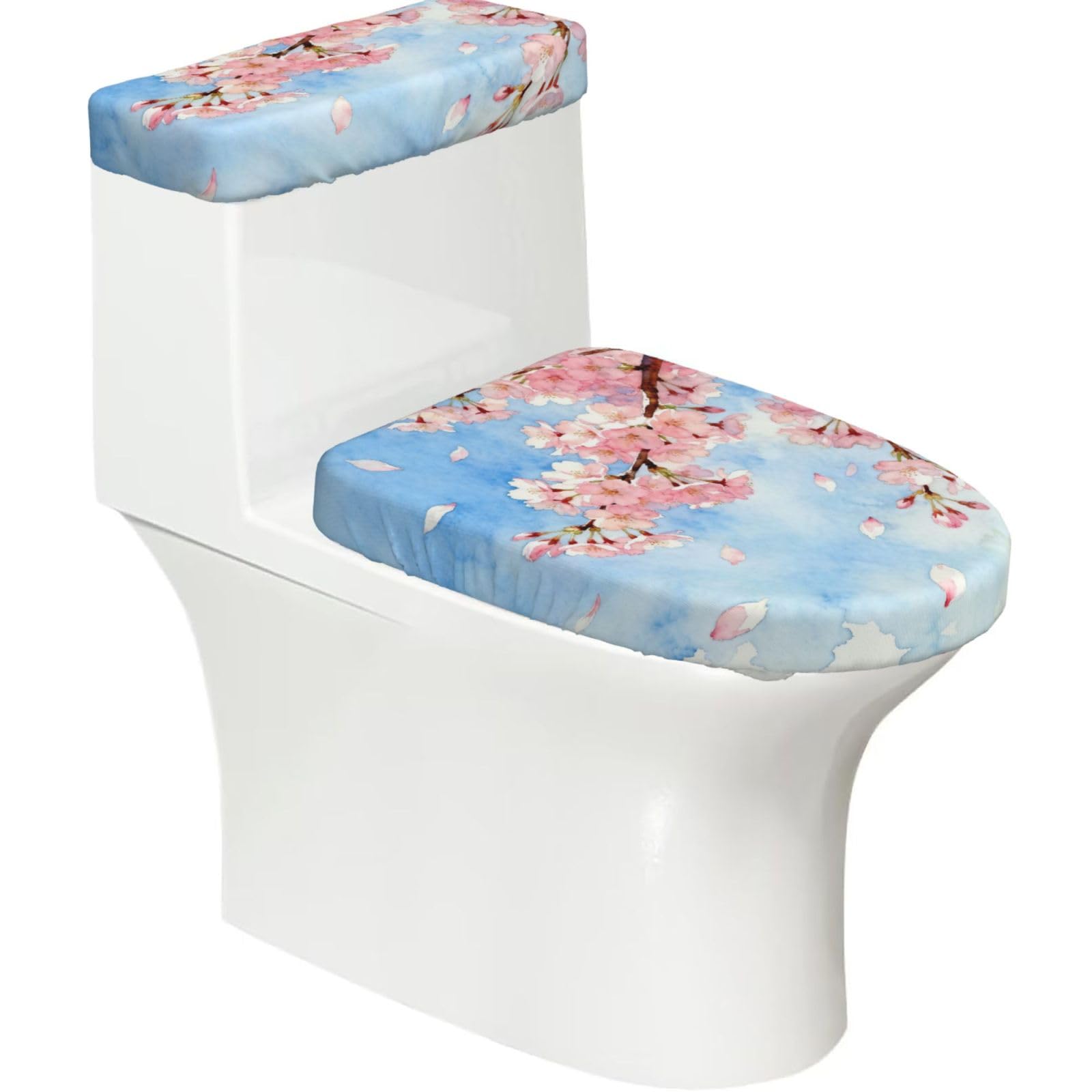 Spring Cherry Bloom Elastic Toilet Cover Set of 2-Stretchy Lid and Tank Covers for Bathroom, Soft Washable U Shape Toilet Decor