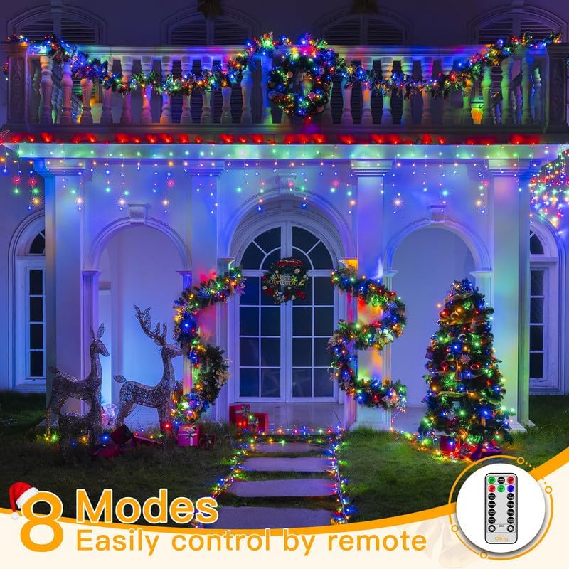 Ollny Icicle Lights for Outside 400LED 32FT, Multicolor Christmas Light with Remote 8Modes Timers Waterproof, Plug in Connectable Hanging Lights for Outdoor Indoor House Roof Holiday