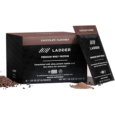 LADDER Grass Fed Whey Protein Powder Packets, 26g Protein for Muscle Gain, 7g BCAAs, 14g EAAs, No Artificial Sweeteners, NSF Certified (Chocolate, Pack of 15)