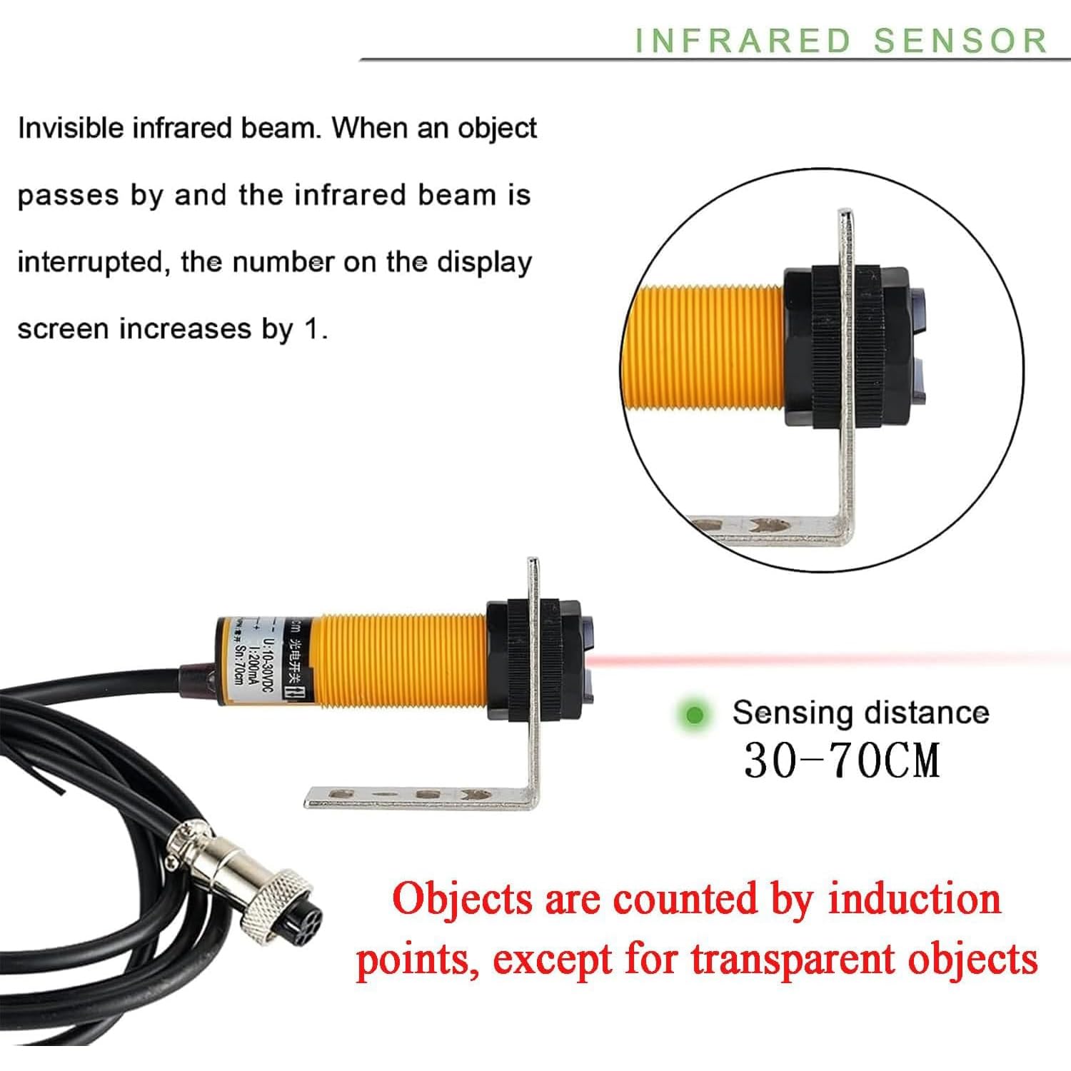 Contador digital con pantalla LED de 6 dígitos de 3 pulgadas, cuenta de sensores infrarrojos hasta 999999, distancia de detección de 30-70 cm, con control remoto, para colgar o montar en la pared