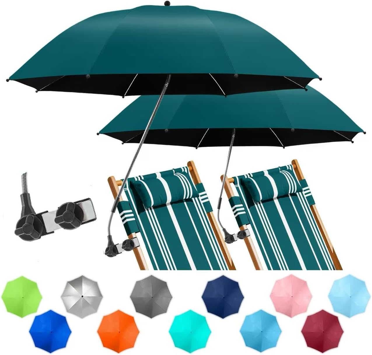 2 PACK Beach Umbrella with Clamp, 360 ° Adjustable Umbrellas for Chair, UPF50+ Umbrella for Beach Chair, Patio Chair, Wheelchair, Camping Chair, Golf Carts (Chair Not Included)