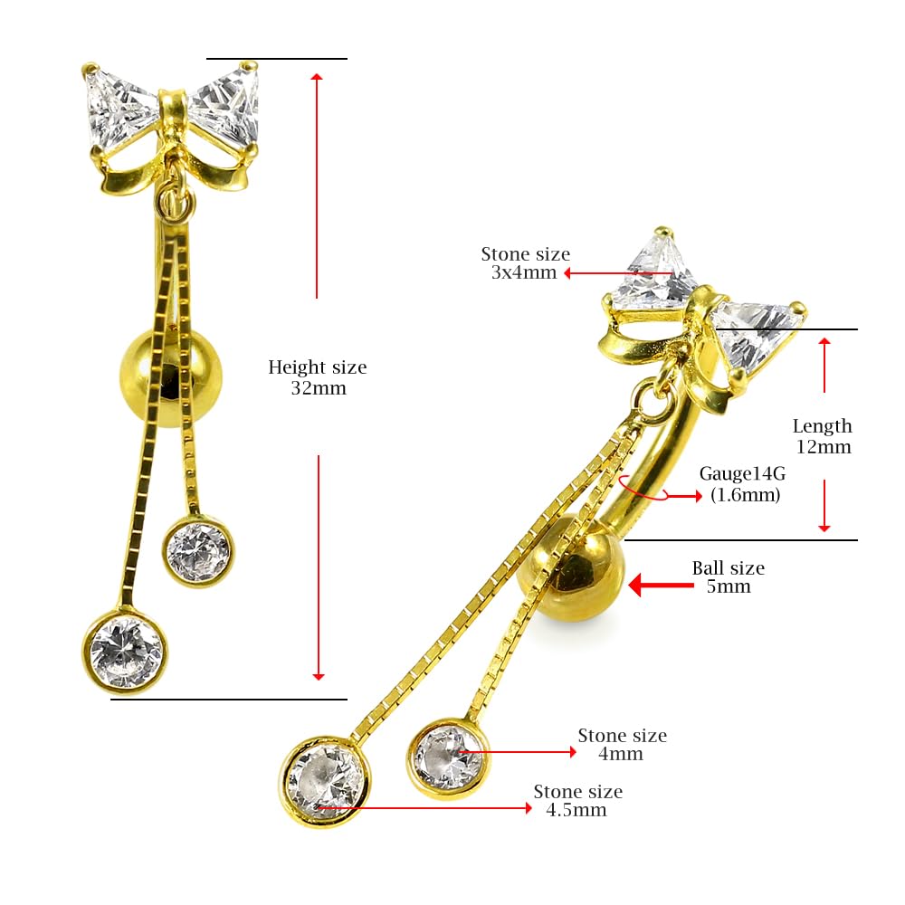 Piercing para ombligo de oro amarillo macizo de 14 quilates con circonita cúbica y cadena colgante, barra inversa para ombligo, joyería para ombligo de 14 quilates, calibre 14, 14 Gauge