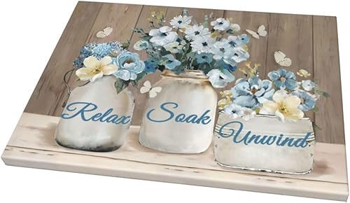 Vista 2 de Lienzo de pintura floral azul rústico con flores de granja para arte de pared, letreros de baño, arte moderno, decoración del hogar para oficina, 16