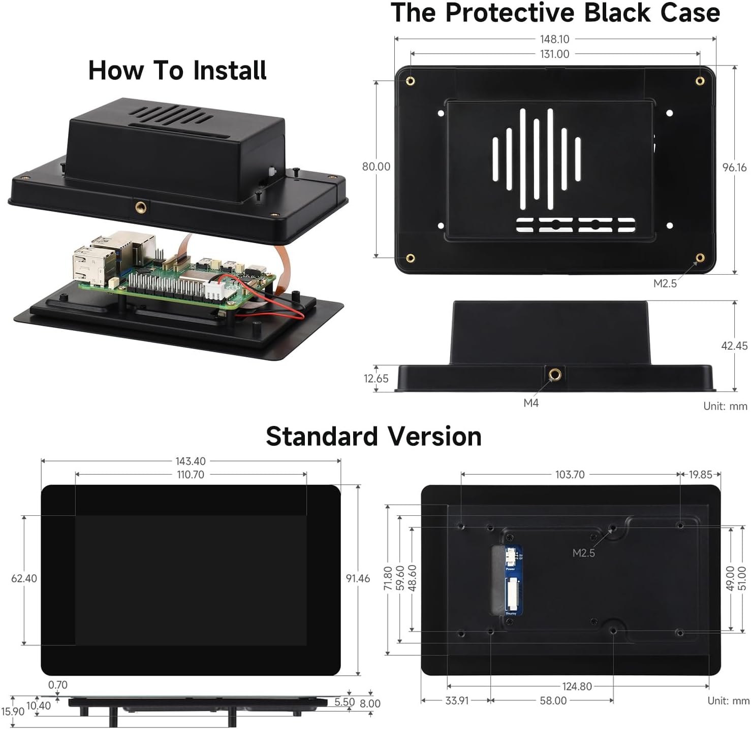 Waveshare 5inch DSI Capacitive Touch Display, 720×1280 Pixels, IPS Panel, 5-Point Touch, Optical Bonding Toughened Glass Panel, with Protective Case