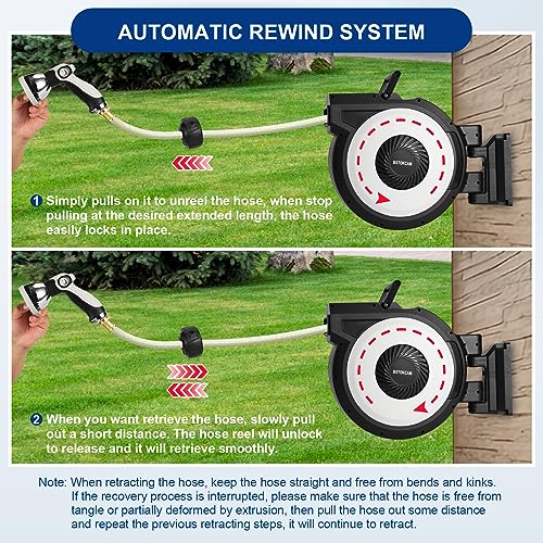 Retractable Garden Hose Reel by BSTOKCAM, 1/2" x100 ft Heavy Duty Water Hose Reels Automatic Rewind Storage, Self Wind Hose and Reel Holder Outdoor Organizer, Nozzle Included
