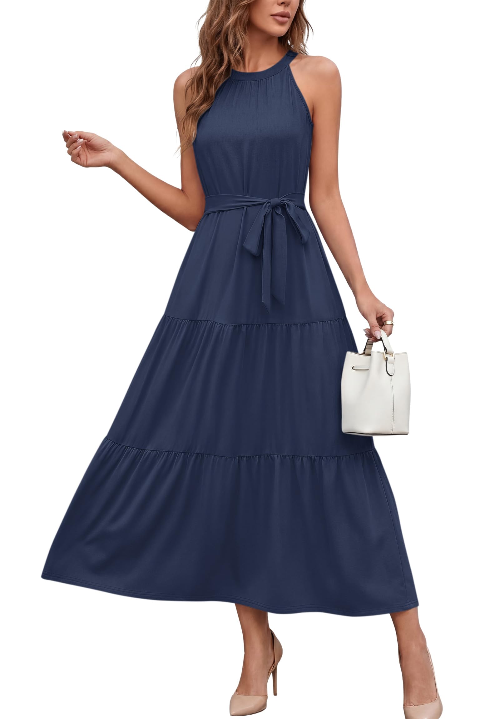 AUSELILY Damen Sommerkleid Lang Neckholder Maxikleid Mit Taschen und Gürtel | Strandkleid Ärmellos Elegant Kleid Damen Sommer Rüschen Freizeit Leicht luftig Figurbetont Kombinierbar Abendkleid