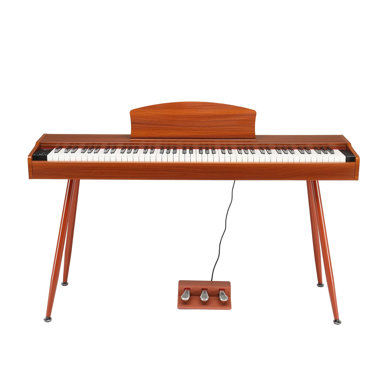 LALAHO Piano électrique 88 touches lesté, piano numérique pour débutants, clavier avec unité à 3 pédales, support à quatre pieds, double Bluetooth, haut-parleurs stéréo, rouge marron