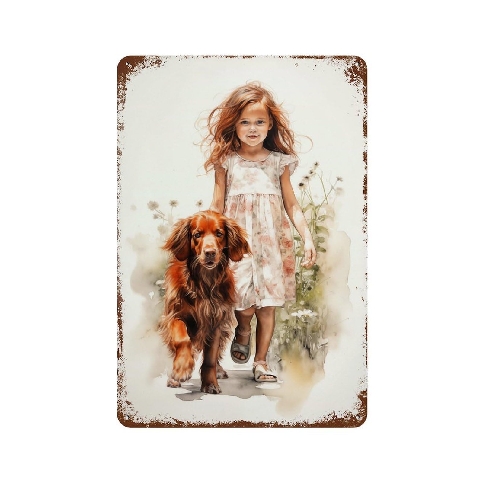 Girl And Irish Setter Rust Effect Tin Sign 11.8"x7.9", Old School Wall Decor for Living Room, Hallway And Home Decor