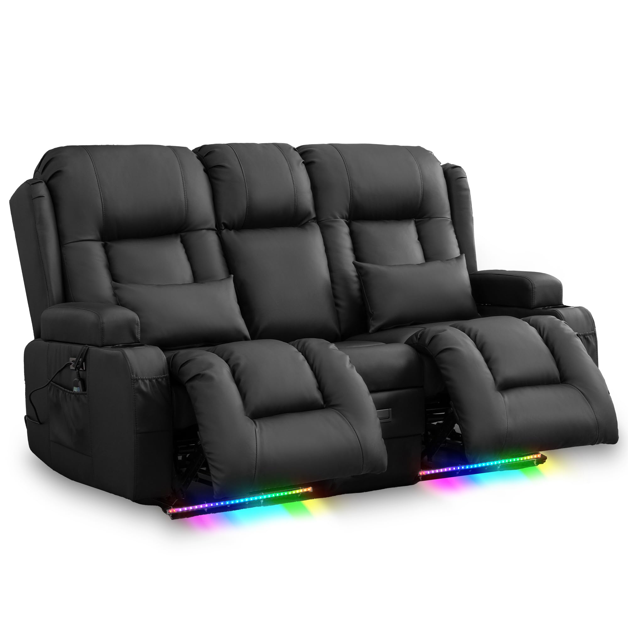 Elektrisch Relaxsessel mit Liegefunktion, Zweisitzer Fernsehsessel mit Konsole TV Sessel Heimkino mit Heizung & Vibrierende Massage/USB & Type C/Getränkehalter/Kunstleder (Schwarz)