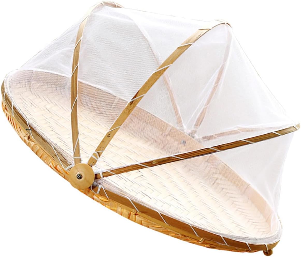 Hand-Woven Bamboo Food Serving Tent Basket with Mesh Cover for Bread