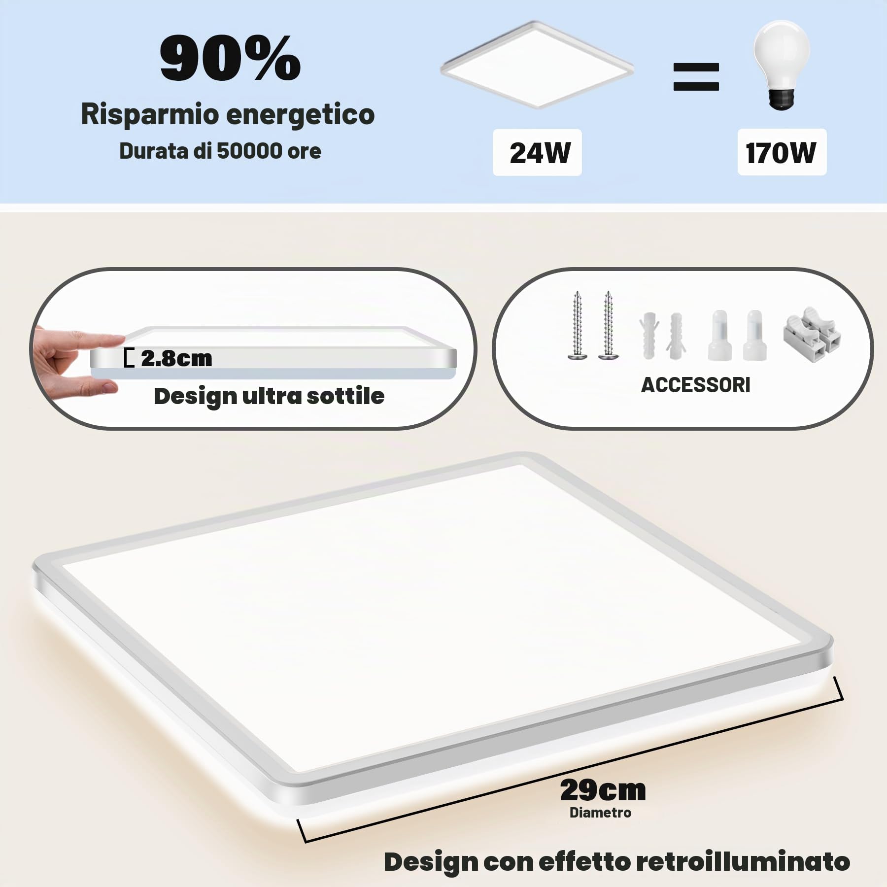 Plafoniera LED Soffitto Dimmerabile 24W 3200LM 3000K-6500K Lampada da Soffitto con Telecomando Moderna per Soggiorno Camera da Letto Cucina Bagno Balcone Quadrato Ø29cm, Bianco, 2 Pezzi