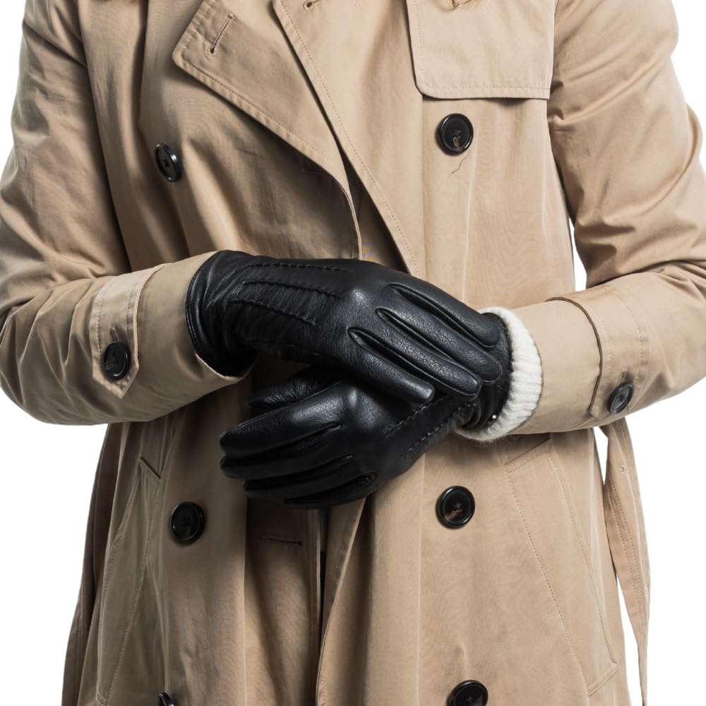 Exklusive Hirschleder Damen Lederhandschuhe mit Kaschmir-Fütterung, lang geschnitten mit Strickstulpe, Sportlicher Look, Hirschlederhandschuhe, warm, gefüttert