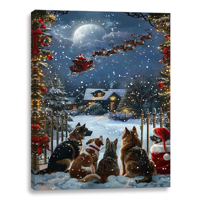 alottagifts Cats Dogs Watching Santa Lighted Canvas Wall Art Print