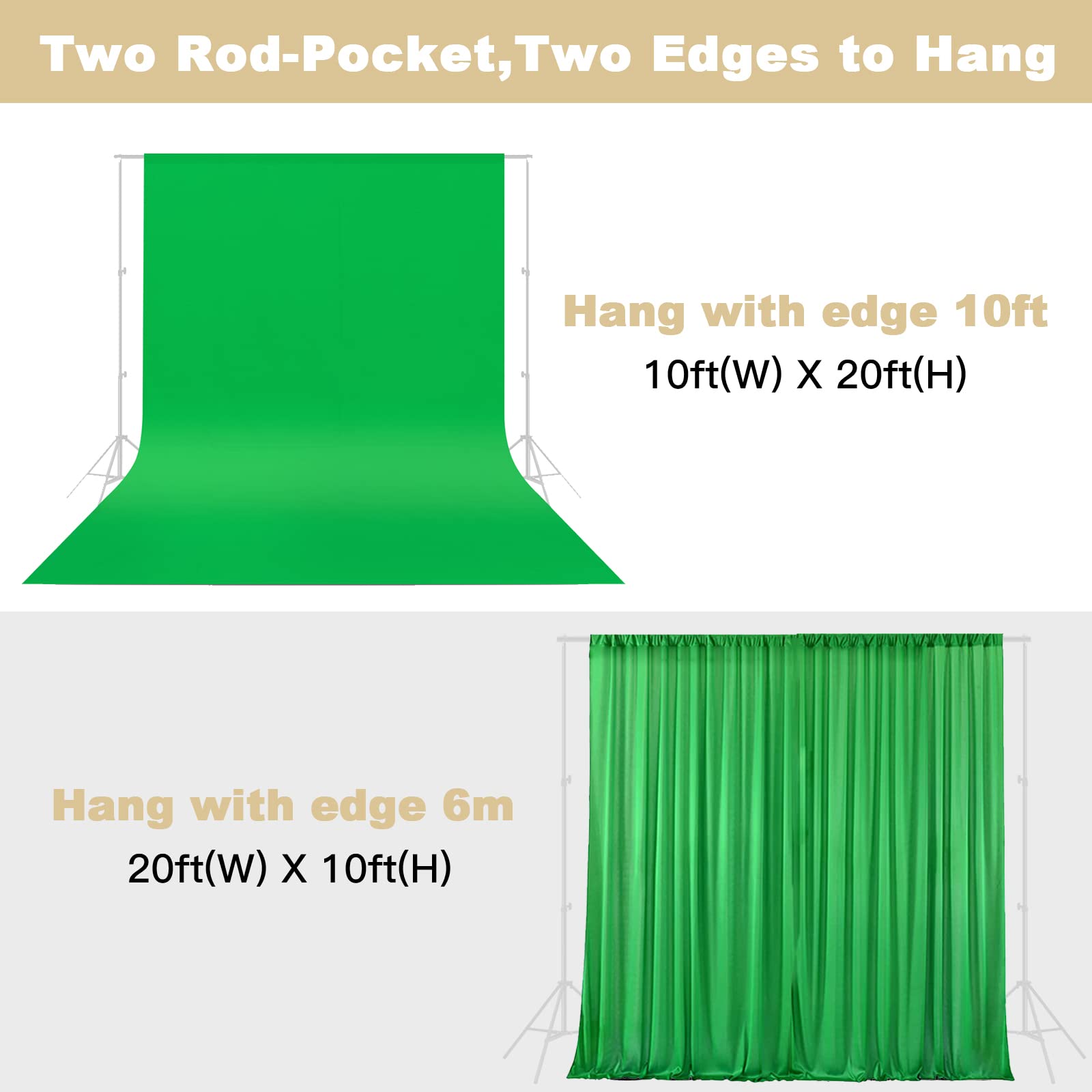 Telón de fondo de pantalla verde grande de 3 x 20 pies para fotografía, cortina plegable de poliéster verde con dos bolsillos para barra con 4 abrazaderas para fotografía, reuniones de zoom y