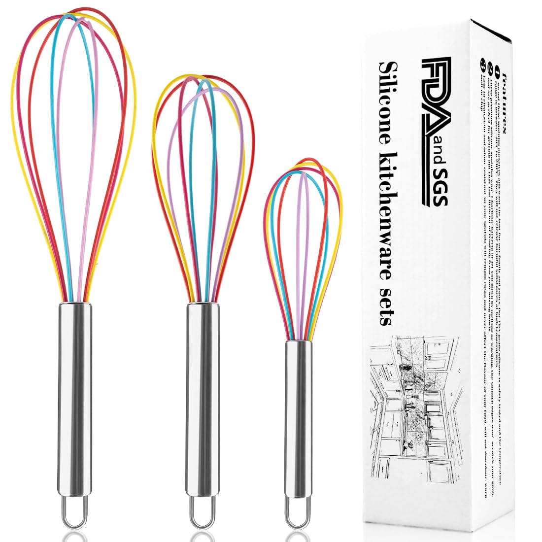 Silicone Whisk Set,Stainless Steel Handle Whisk 8" 10" 12" Rubber Whisks Cooking Non Scratch High Heat Resistant,Balloon Egg Beater for Whisking,Beating,Blending Ingredients,Mixing Sauces,Rainbow