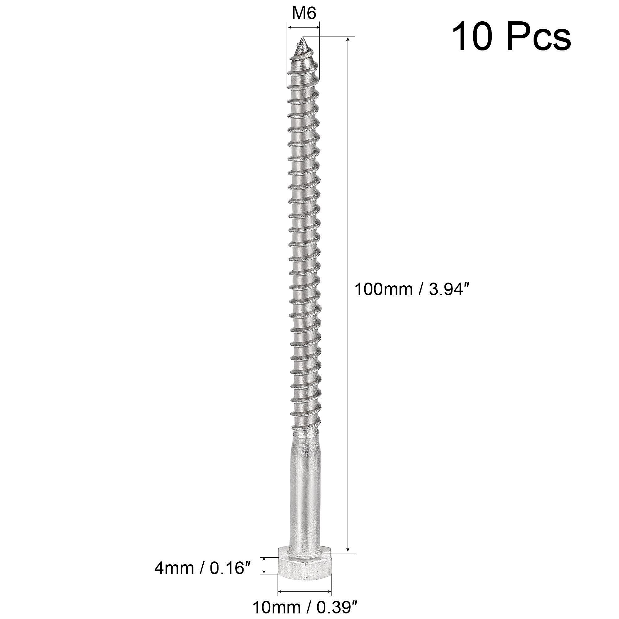 Unifizz 10 Pcs Hex Lag Screws, M6 x 100mm 304 Stainless Steel Wood Bolts - Image 2
