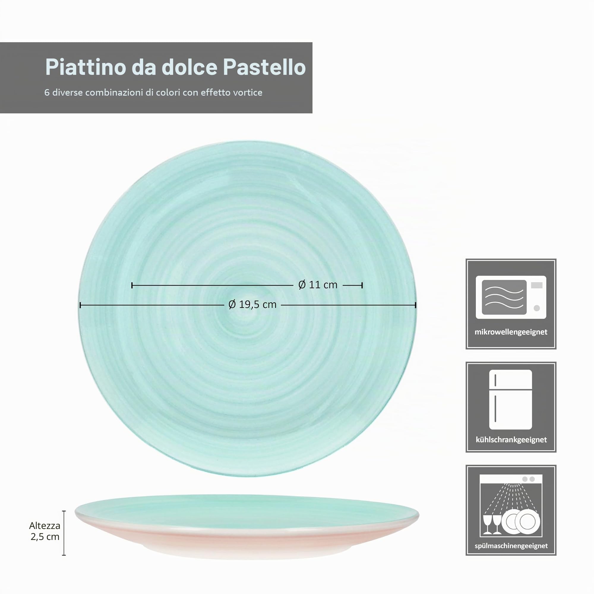 MamboCat Pastello Set di 6 piatti da torta I piatti da colazione colorati in gres porcellanato con colori pastello per 6 persone, piccoli piatti per insalata, dessert, finger food & Co.