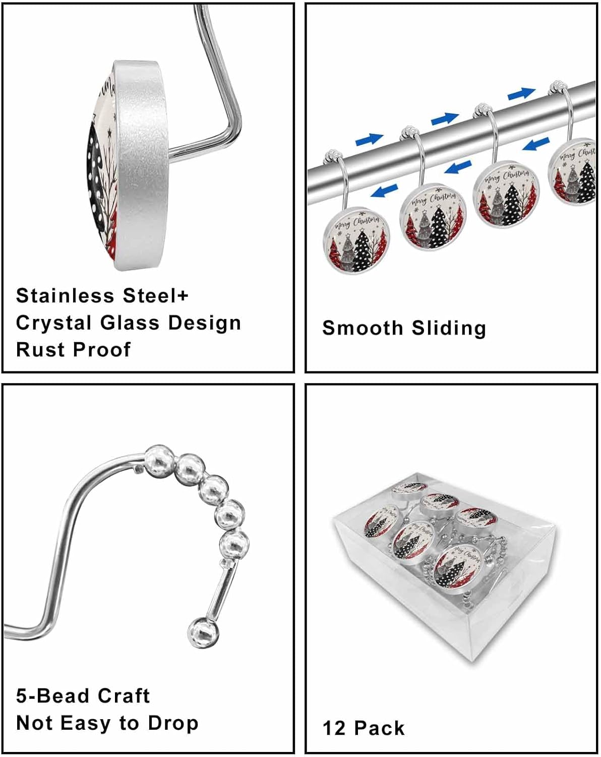 Shower Curtain Hooks 12 Pcs Merry Christmas Xmas Trees Snowflake Winter Linen Texture Stainless Steel Rust Proof Rolling Shower Curtain Rings, Decorative Shower Curtain Hooks Hangers for Bathroom