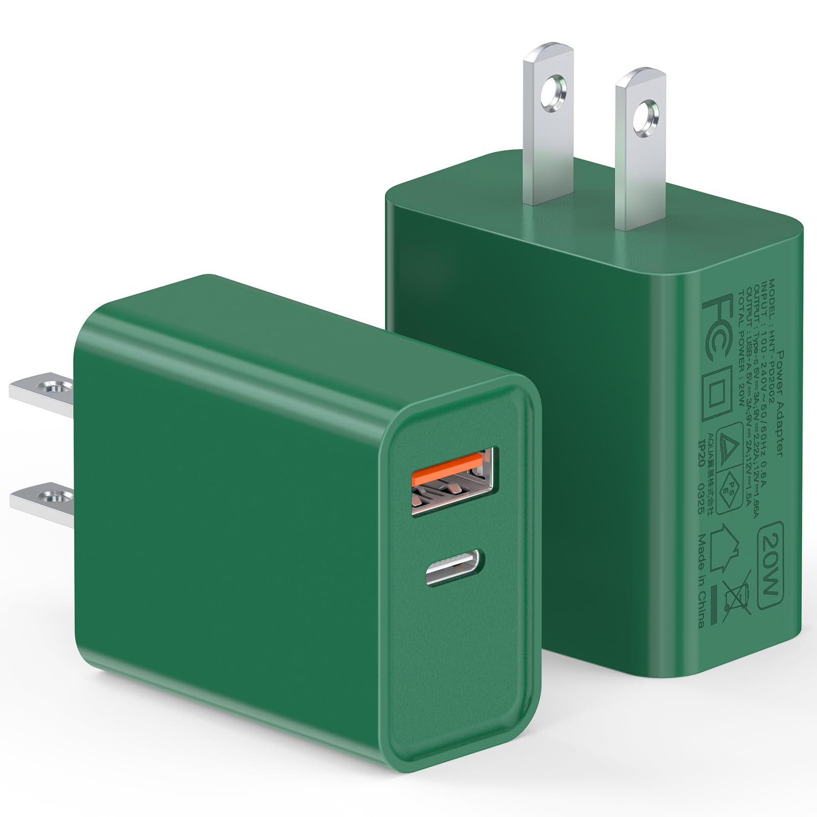 2Pack 20W Type C Charger, Dual Port USB C Wall Plug 20W PD & QC3.0 USB A Fast Charging Block for iPhone, Samsung Galaxy, Google Pixel, Motorola,