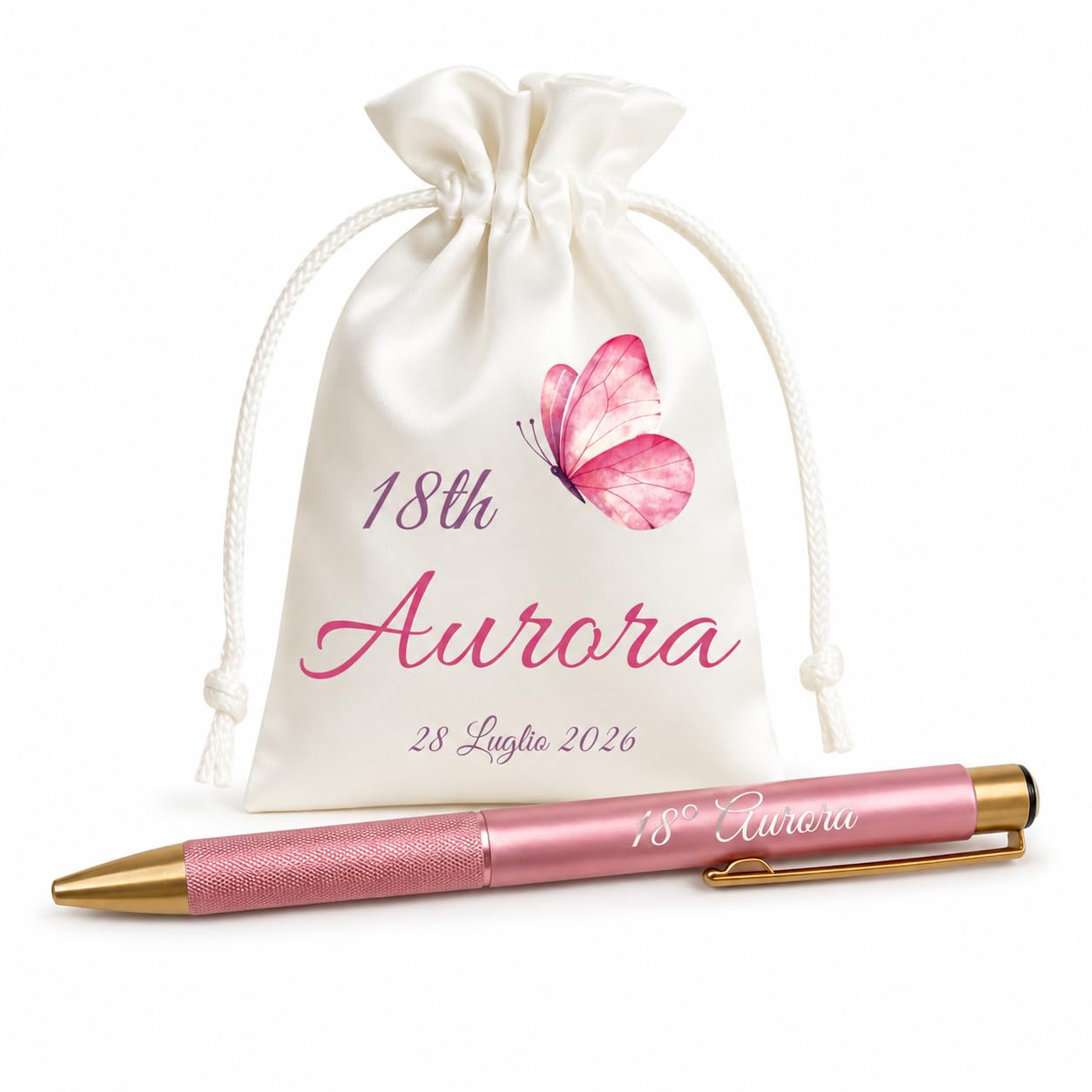 Kit 12 Sacchetti e 12 Penne Personalizzati 18 Anni Bomboniere Compleanno | Bomboniere eleganti con nome, età e data: ricordo perfetto per invitati e amici.