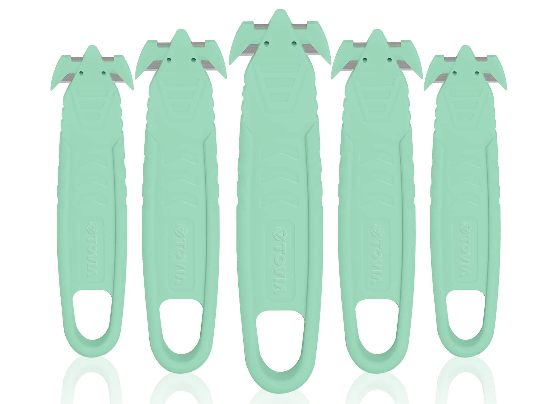 Safety Box Cutter, T TOVIA Sharp Durable Stainless Steel Concealed Blade Package Opener with Tape Splitter for Cartons, Cardboard, Wrap, Straps, Film (5 Pcs - Green)