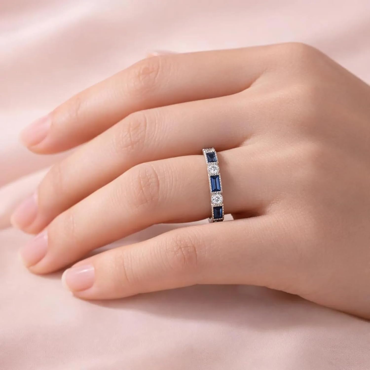 Blue Sapphire & CZ Diamond Engagement Band Ring for Women Baguette Cut Sapphire Wedding Band 14K White Gold Anniversary September Birthstone Fine Jewelry GiftFor Her