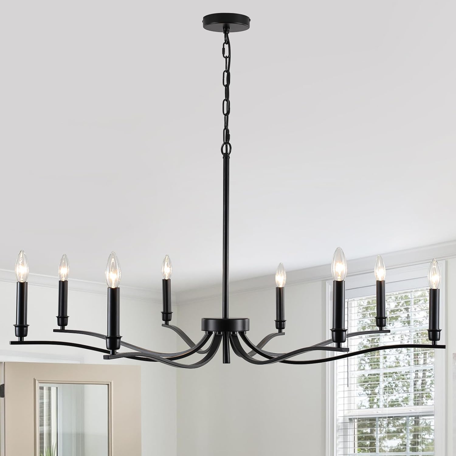 Black Chandelier, Farmhouse Chandeliers for Dining Room 8 Light Industrial Metal Chandeliers 44Inch Candle Chandelier Hanging Light Fixtures for Living Room Bedroom Entryway Foyer Kitchen