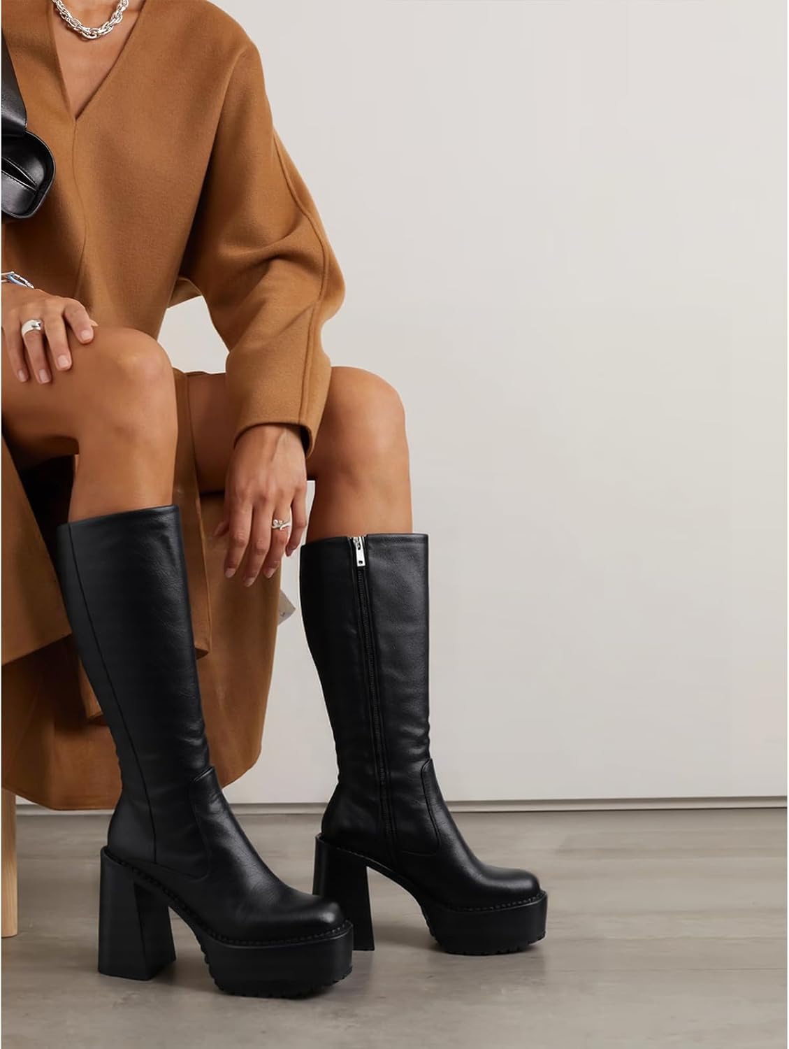 Platform Mid Calf Boots for Women High Heel Block Heel Women’s Tall Boots Square Toe Comfortable Casual Boots Trendy Stylish Shoes - Image 2