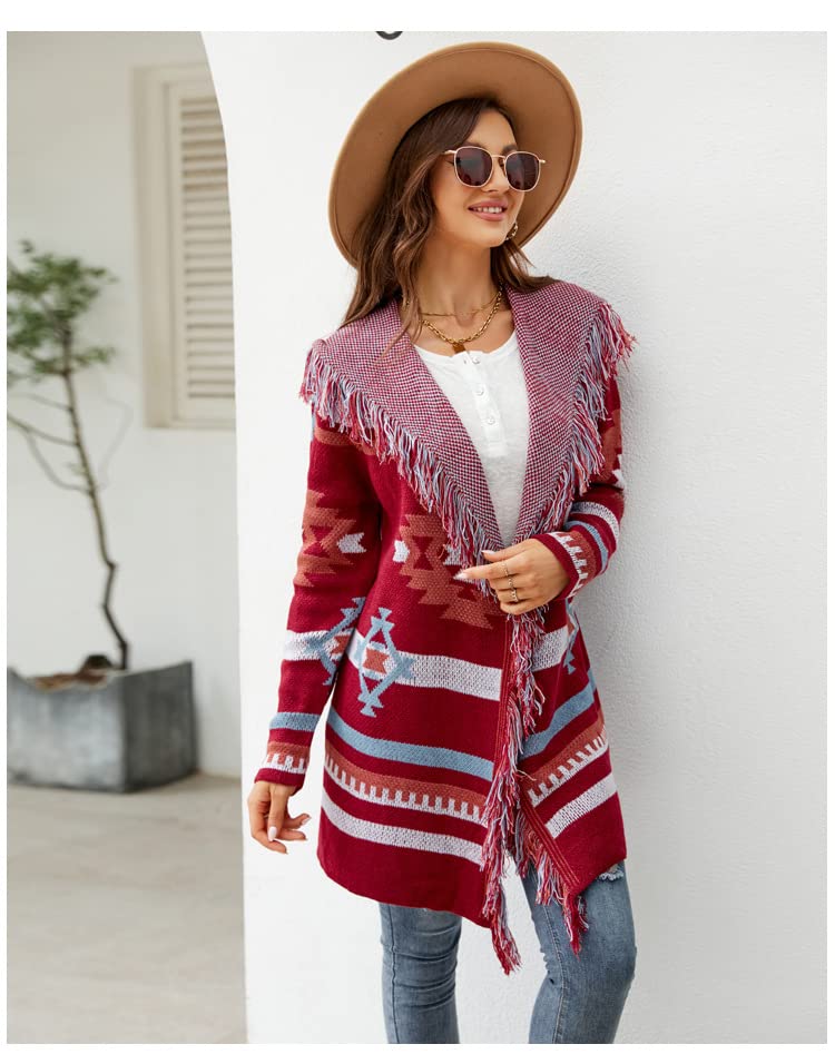 Women Geometric Tribal Stripe Fringe Hooded Knit Cardigans Casual Open Front Long Sleeve Cardigan Hooded Outwear Coat3