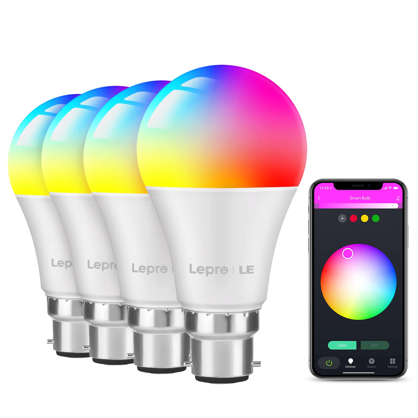 Lepro Warm White/Rgb Smart Bulb Bayonet, B22 Alexa Light Bulbs, Colour Changing Smart Light Bulb, Dimmable Wifi Bulb, Works With Alexa And Google Home, 9W, 806Lm, 2700K, Pack Of 4 (2.4Ghz Wifi Only)