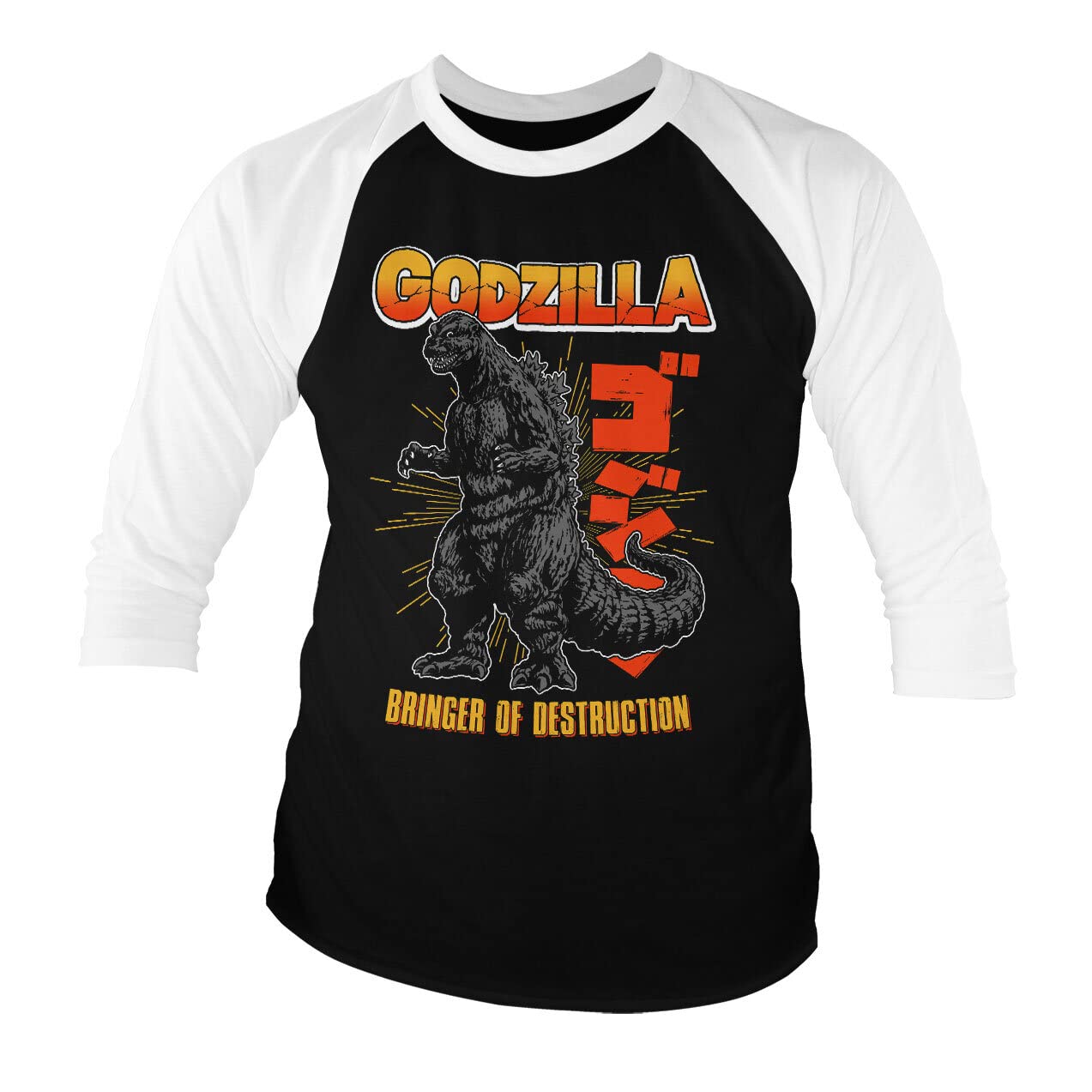 Godzilla Unisex White-Black Officially Licensed Bringer Of Destruction 3/4 Sleeve T-Shirt (White-Black), Small