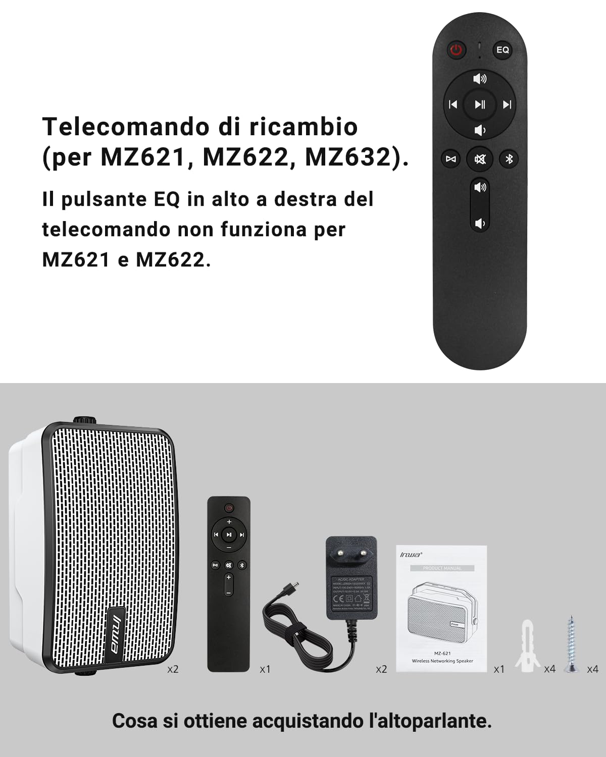 Inwa Telecomando per MZ621, MZ622, MZ632, L'altoparlante Acquistato Include Già un Telecomando, Se Danneggiato, il Telecomando può Wssere Acquistato Separatamente.