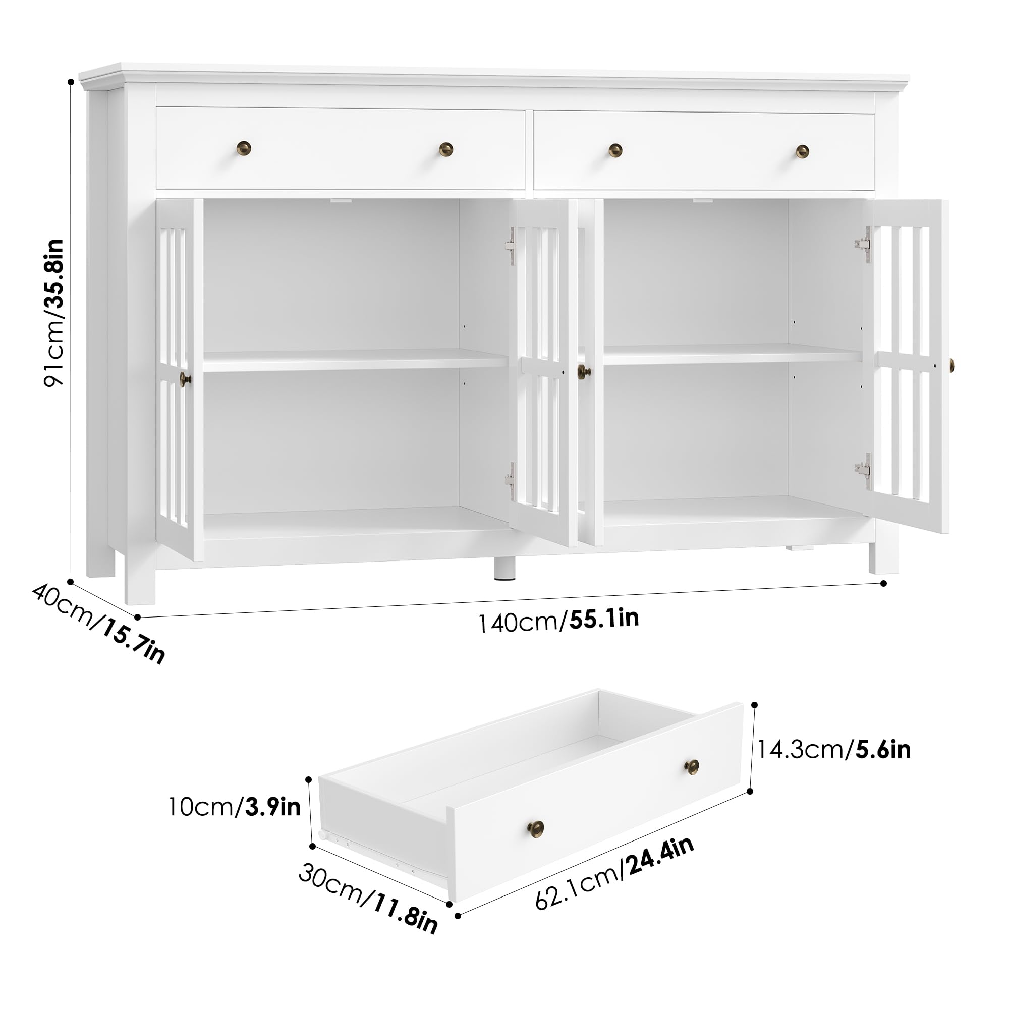 FirFurd Mobile Cucina, Credenza Soggiorno con 4 Ante in Vetro, Buffet Mobile Moderno con 2 Cassetti Ripiani Regolabili o Rimovibili, per Cucina, Soggiorno, Sala da pranzo, 140x40x90.7cm, Bianco