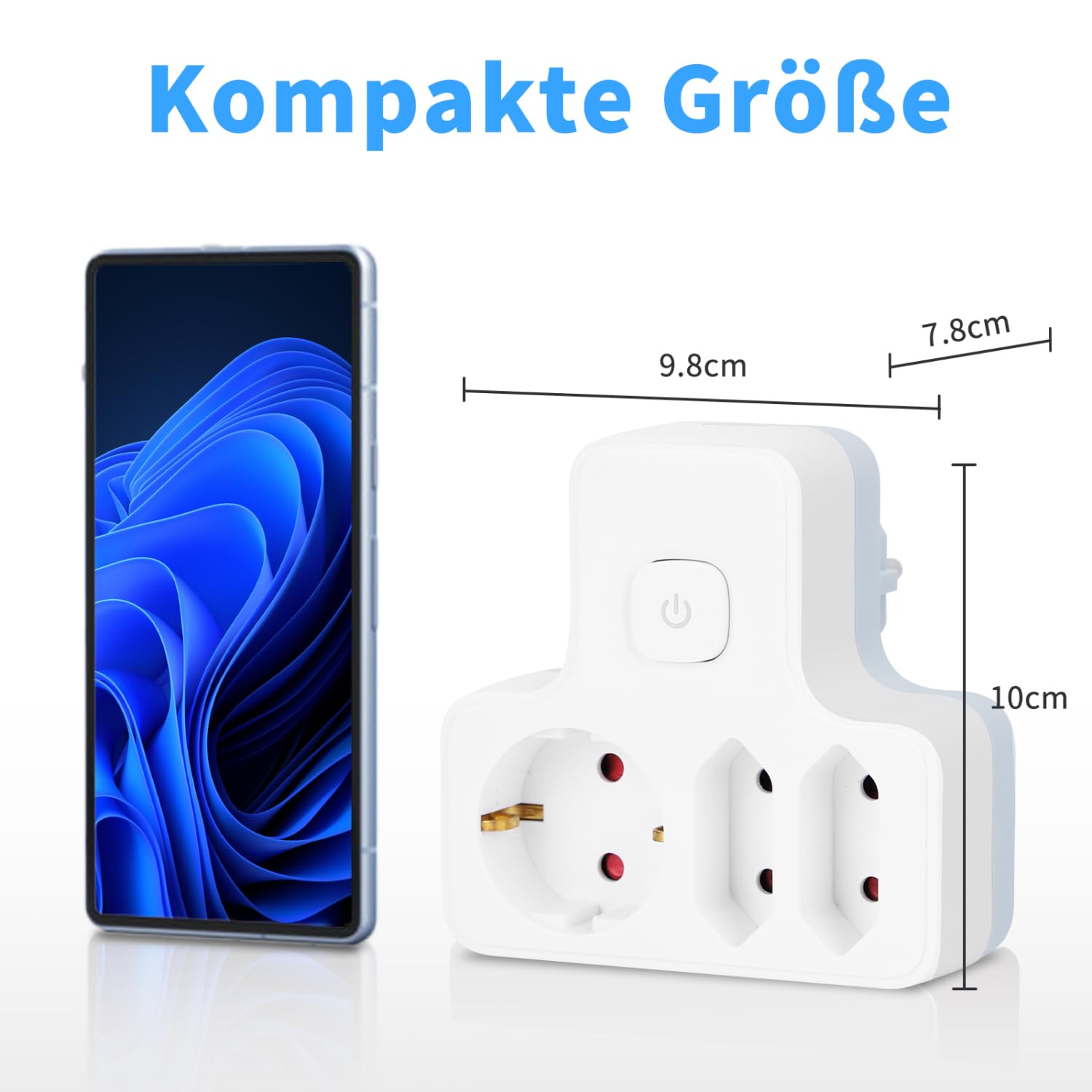 Adapter gniazdkowy Aigostar z przełącznikiem, 3 gniazda, adapter gniazdkowy z zabezpieczeniem przed dziećmi, 1 Schuko, 2 wtyczki EU, biały
